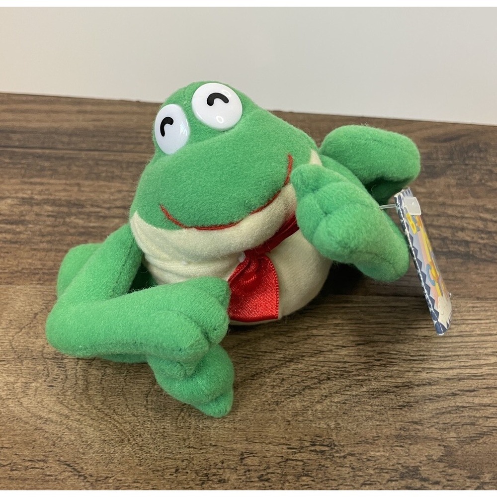 Vintage 6" Green Sticky The Frog BeanBag Plush Red Bow Tags Cuddle Wit